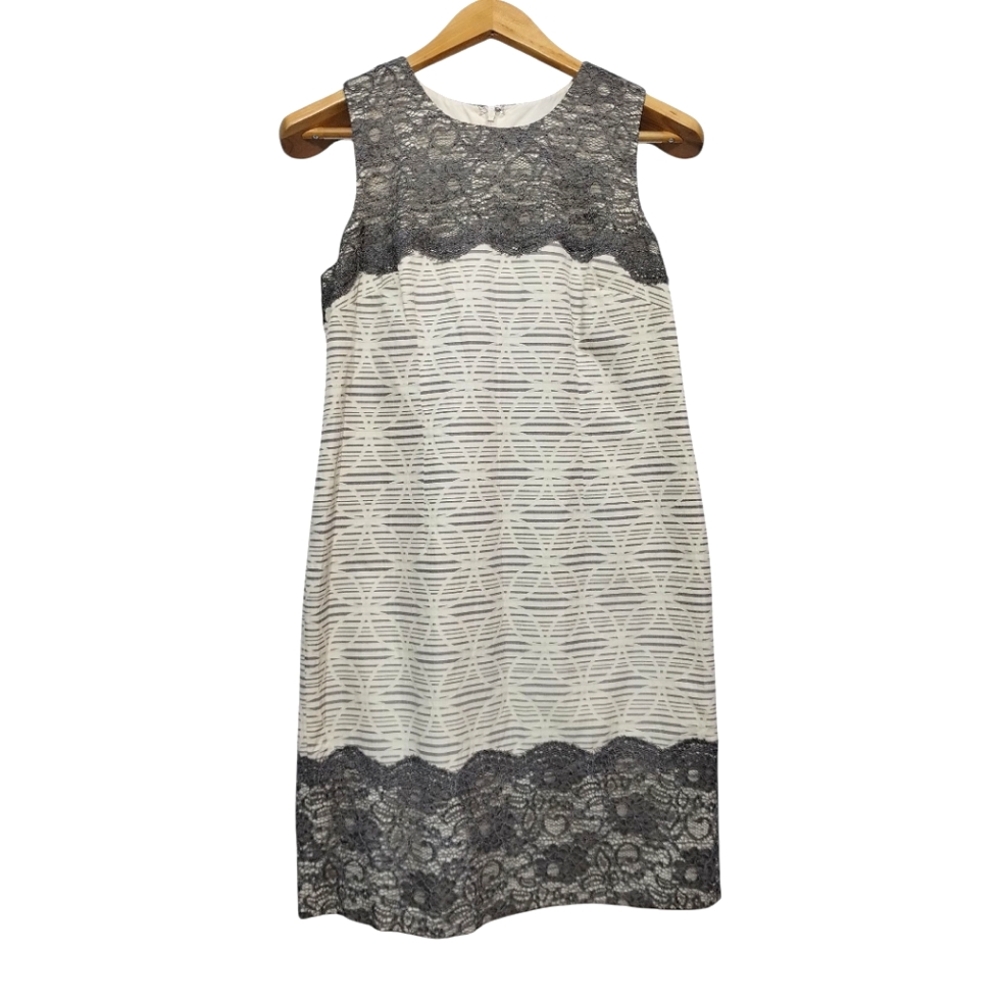 Ann Taylor LOFT Cream Gray Striped Lace Sleeveless Sheath Dress Women's 6P
